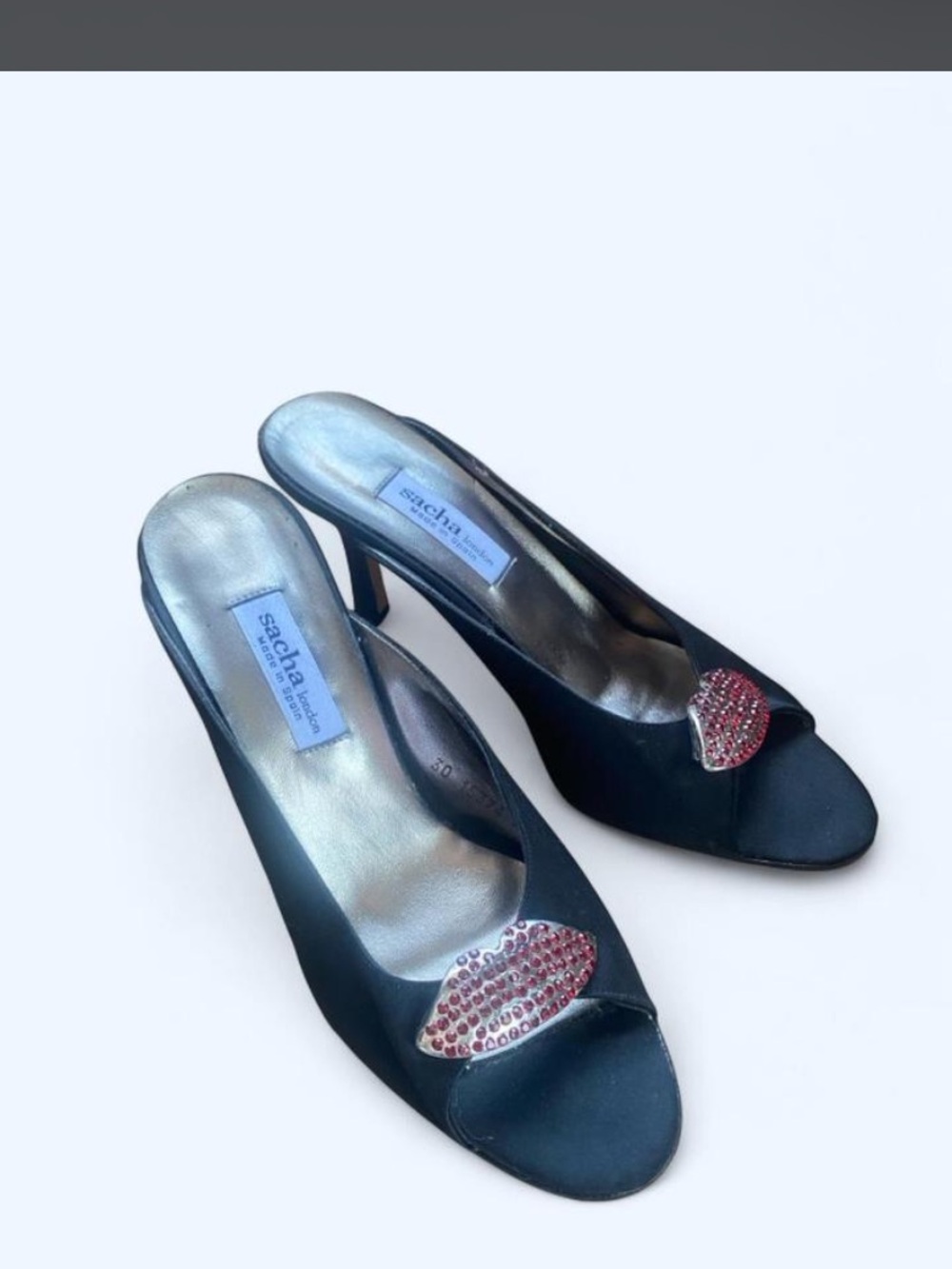 Size 8 Sacha London Black Satin Peep-Toe Heels with Red Crystal Accents